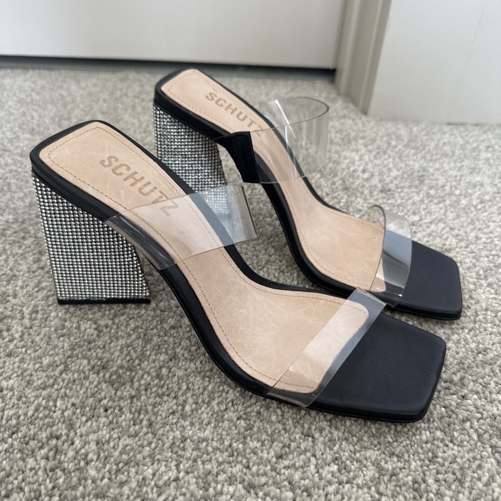 SCHUTZ Black and Clear Block Heels